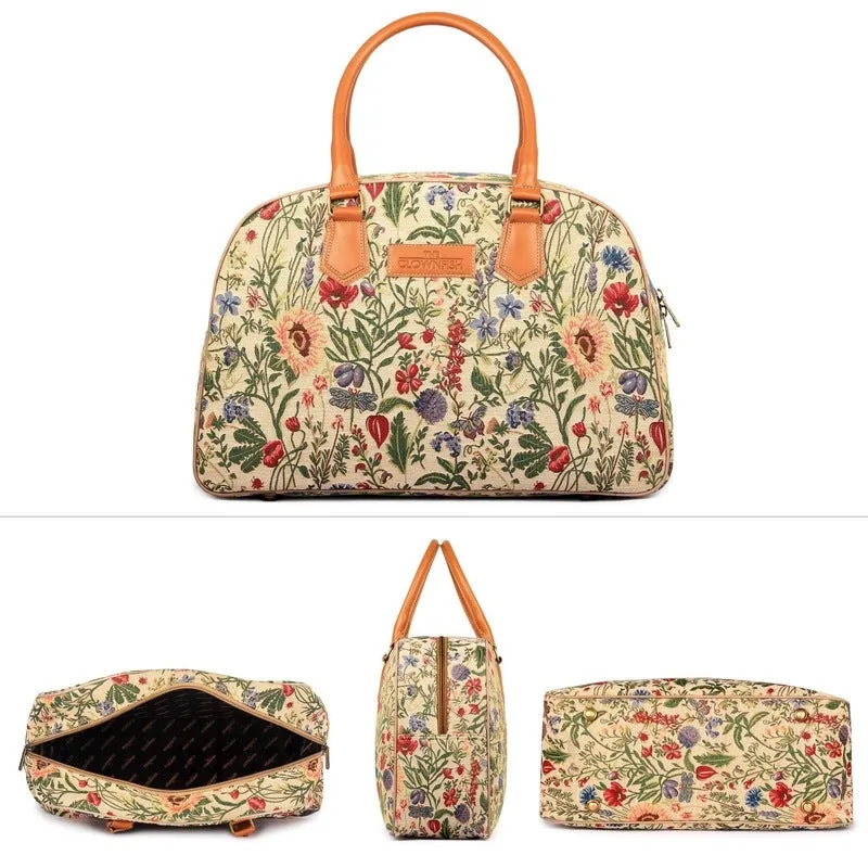 24L Travel Duffle Bag - Tapestry & Faux Leather | Weekender Bag | Unisex | White-Floral