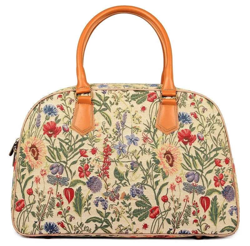 24L Travel Duffle Bag - Tapestry & Faux Leather | Weekender Bag | Unisex | White-Floral