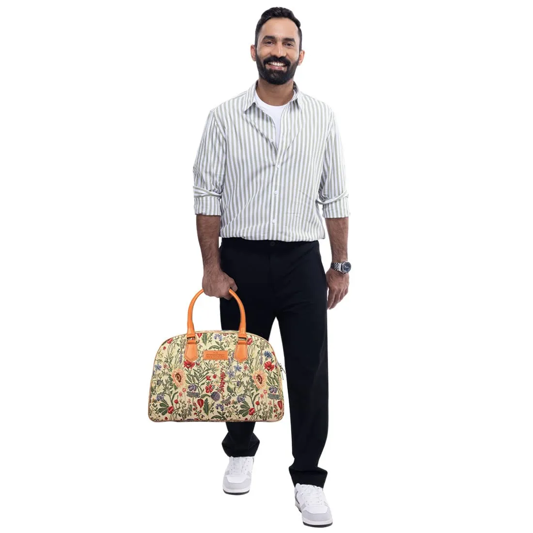 24L Travel Duffle Bag - Tapestry & Faux Leather | Weekender Bag | Unisex | White-Floral