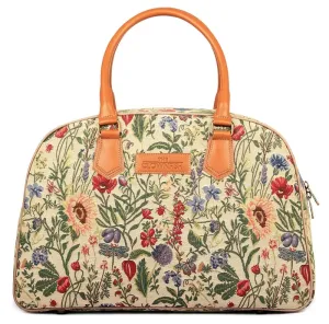 24L Travel Duffle Bag - Tapestry & Faux Leather | Weekender Bag | Unisex | White-Floral