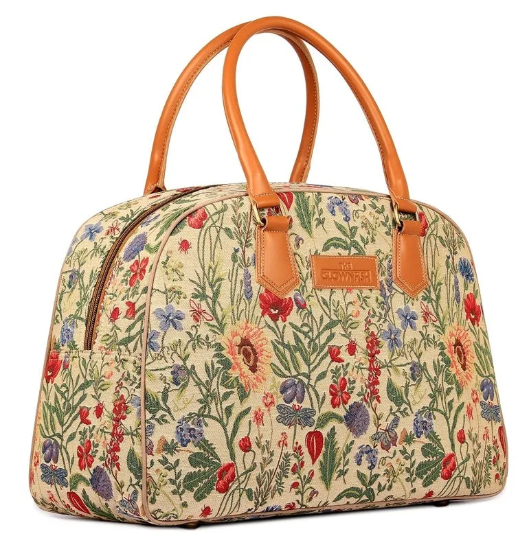 24L Travel Duffle Bag - Tapestry & Faux Leather | Weekender Bag | Unisex | White-Floral