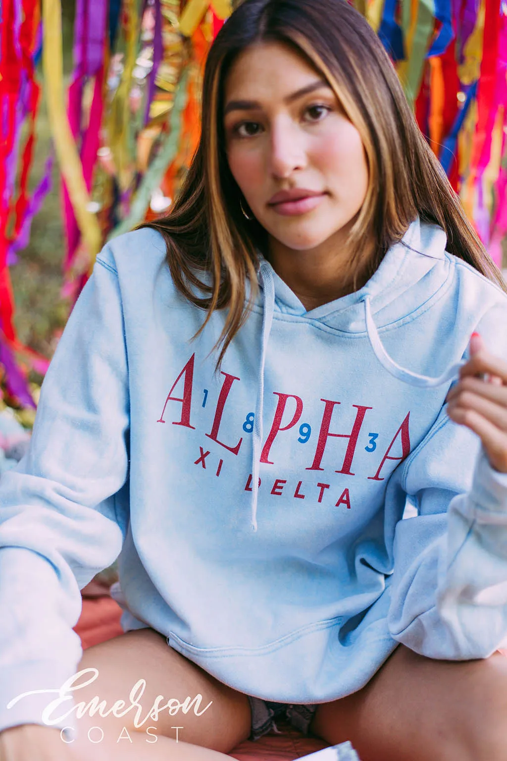 Alpha Xi Delta Light Blue Mineral Wash Hoodie