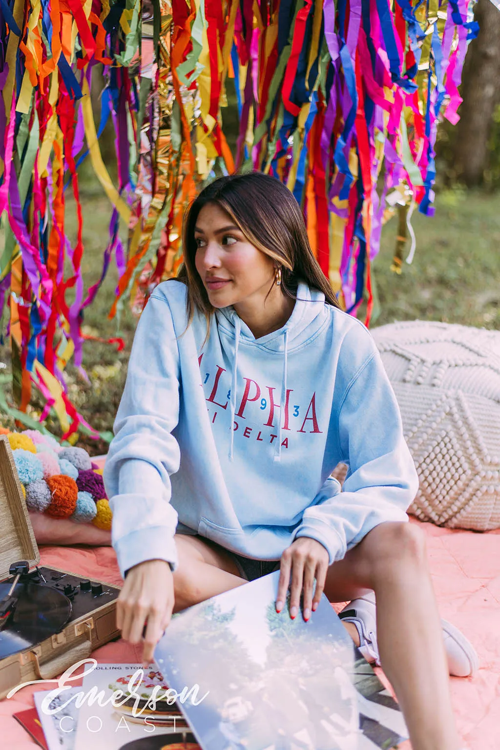 Alpha Xi Delta Light Blue Mineral Wash Hoodie