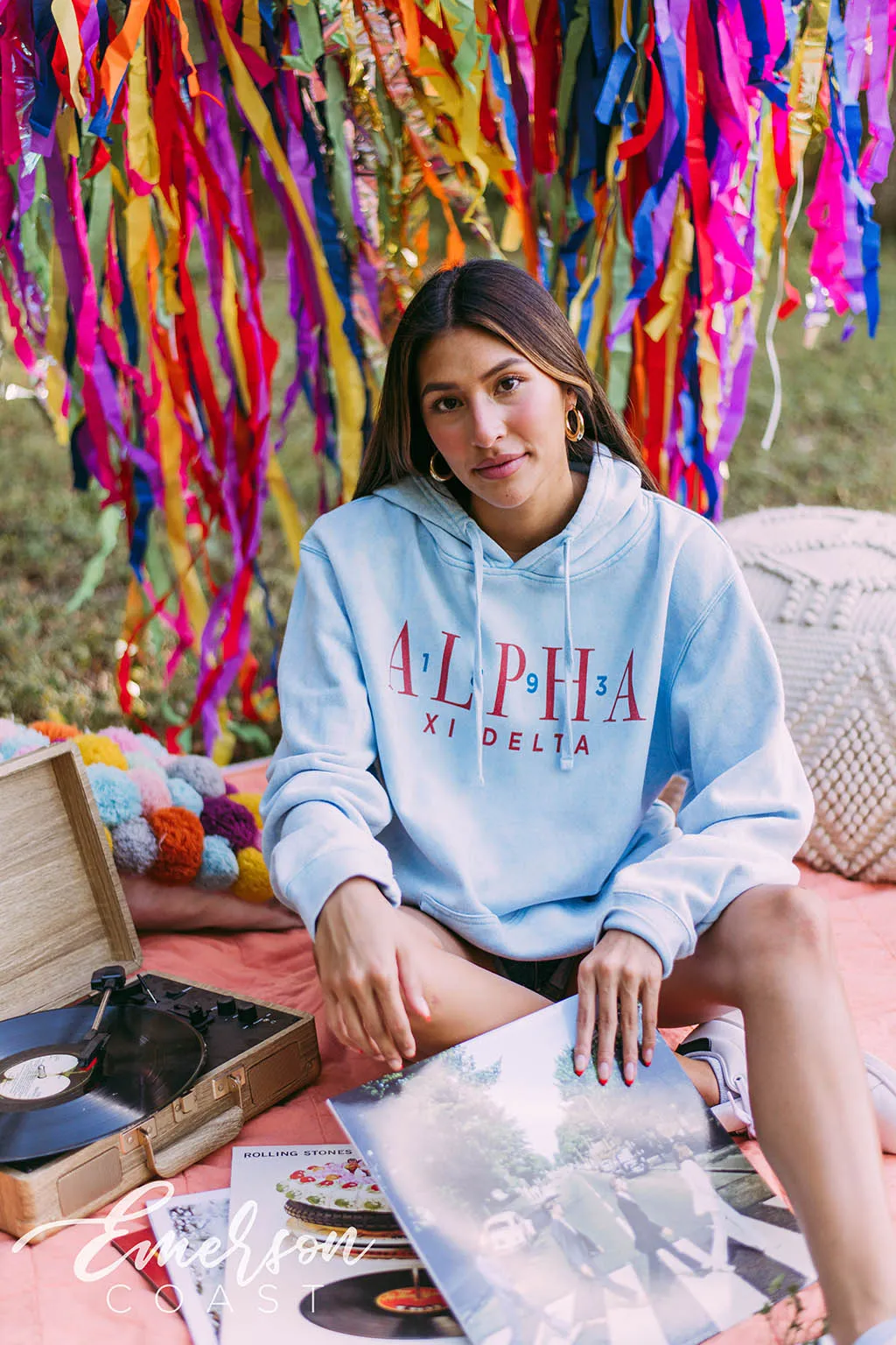 Alpha Xi Delta Light Blue Mineral Wash Hoodie