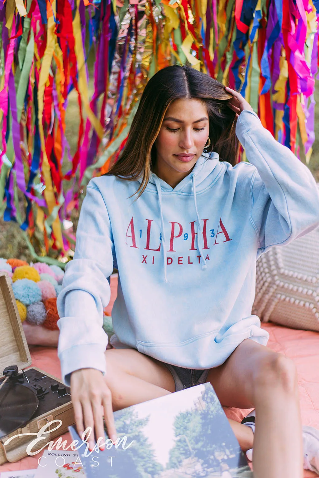 Alpha Xi Delta Light Blue Mineral Wash Hoodie