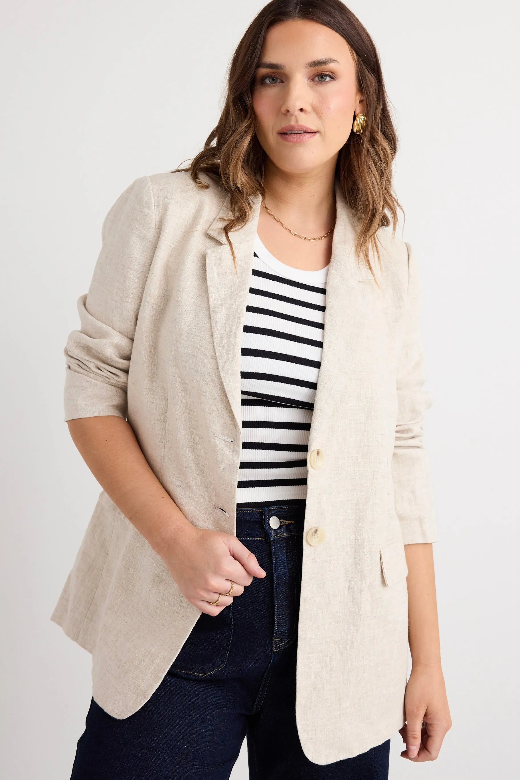 Aster Natural Linen Single Breasted Longline Blazer