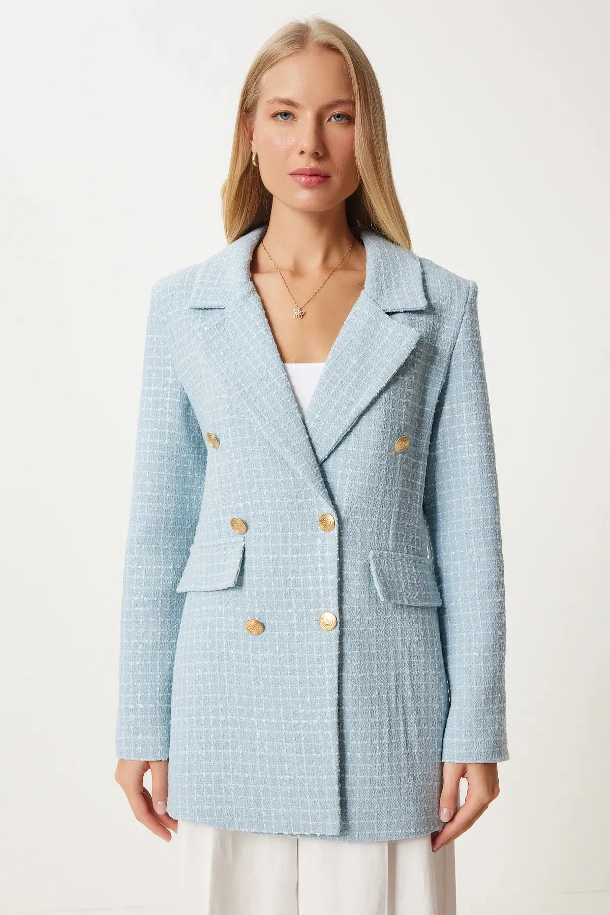 Baby Blue Buttoned Blazer Tweed Jacket