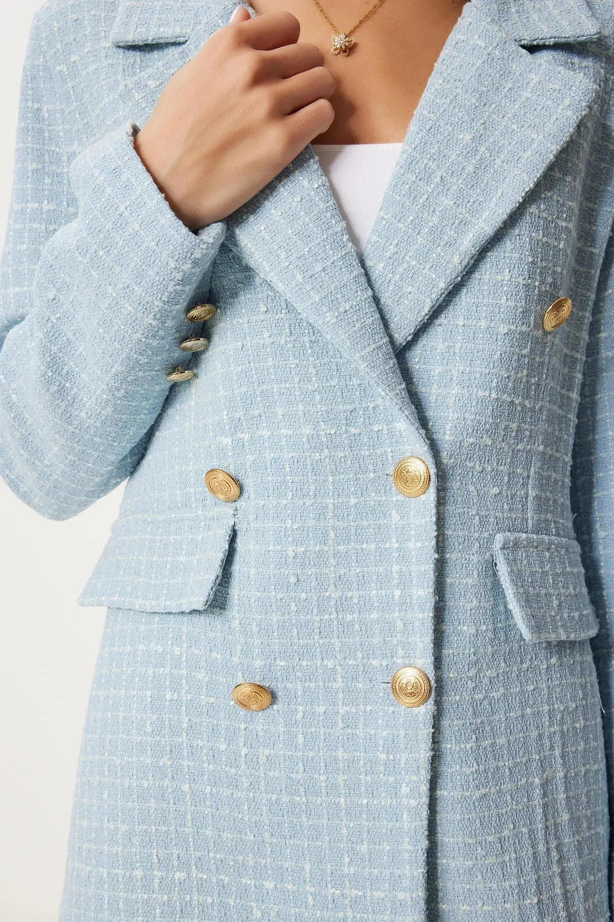 Baby Blue Buttoned Blazer Tweed Jacket