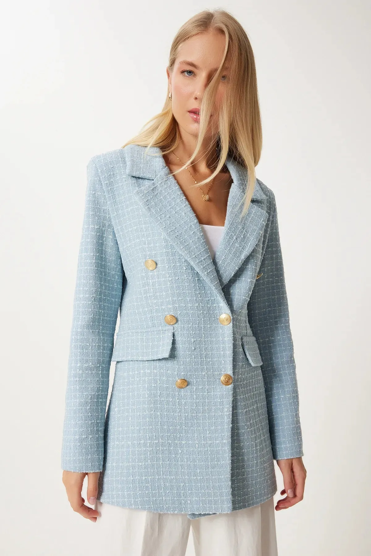 Baby Blue Buttoned Blazer Tweed Jacket