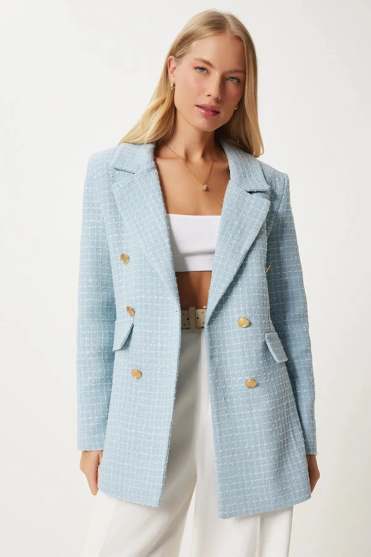 Baby Blue Buttoned Blazer Tweed Jacket