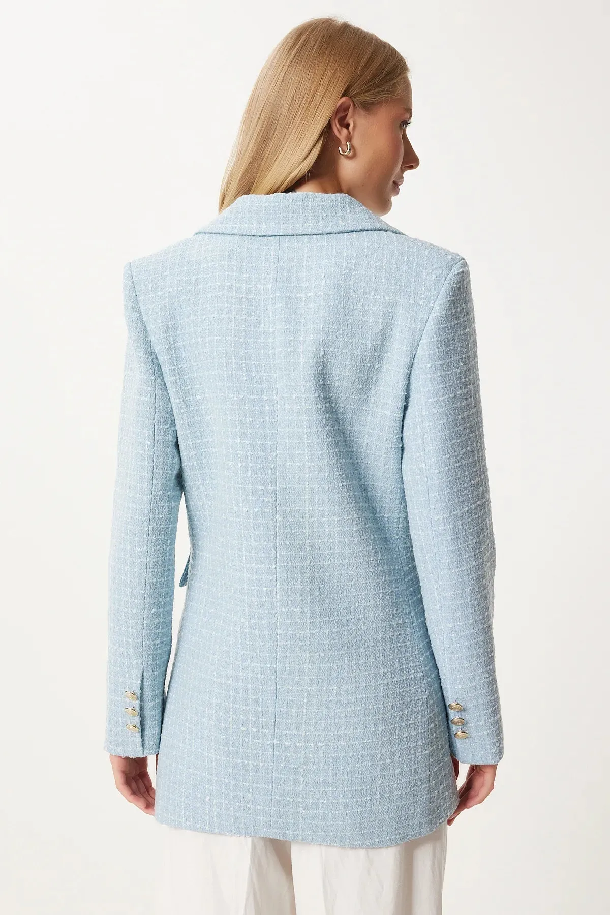 Baby Blue Buttoned Blazer Tweed Jacket