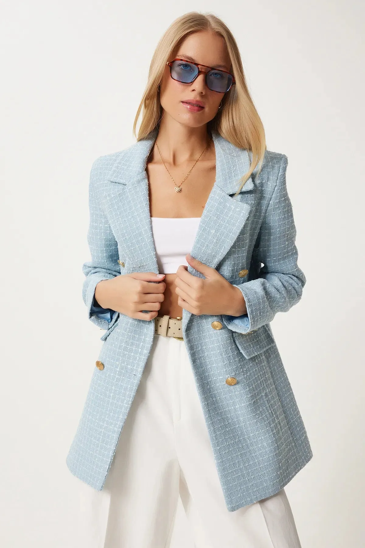 Baby Blue Buttoned Blazer Tweed Jacket