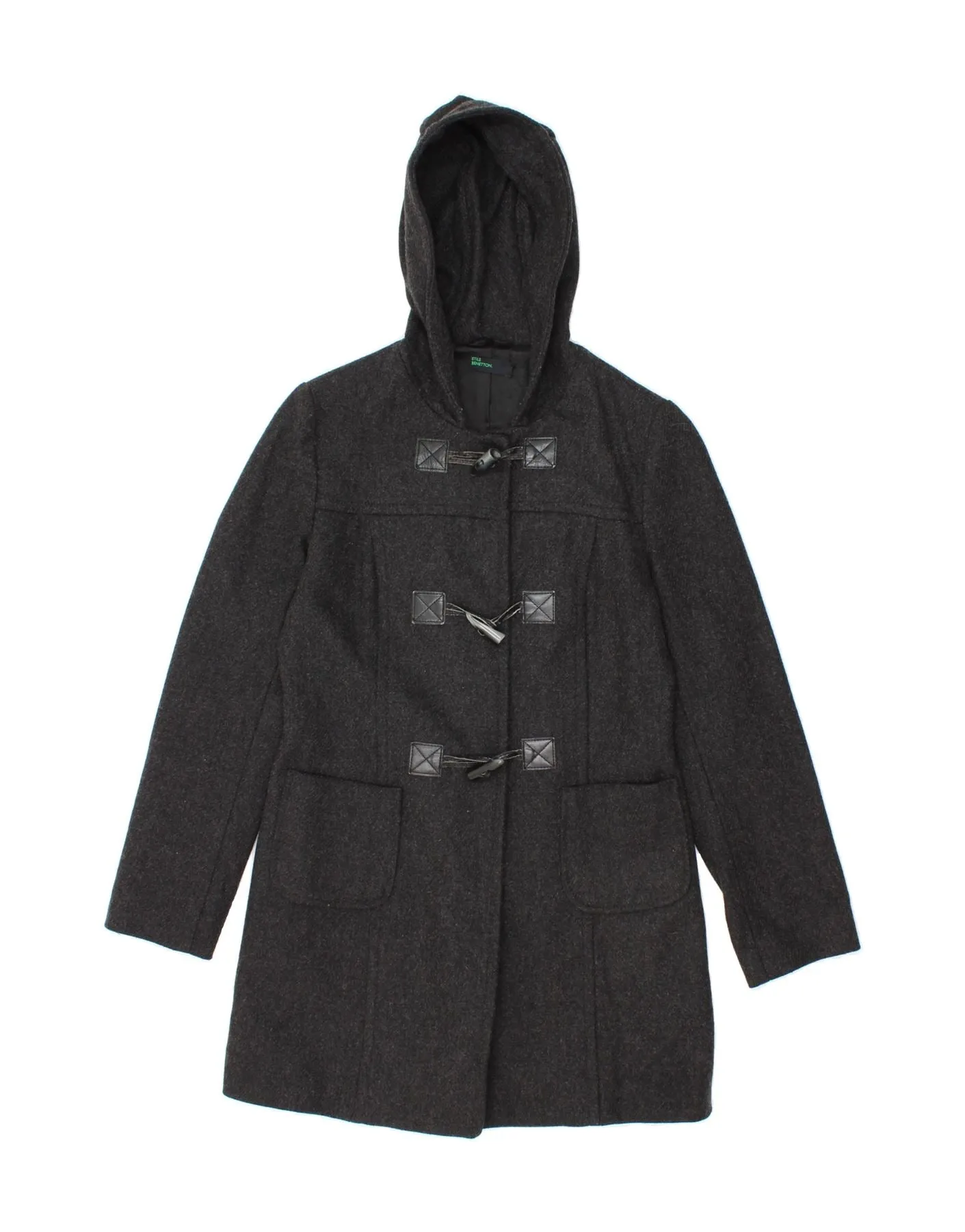 BENETTON Girls Hooded Duffle Coat 11-12 Years Grey Wool