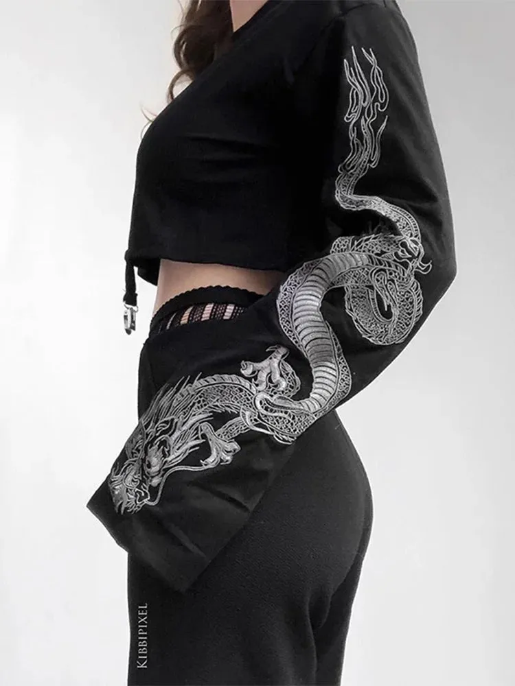 Black Crop Top Hoodie Gothic Punk Grunge Dragon Print