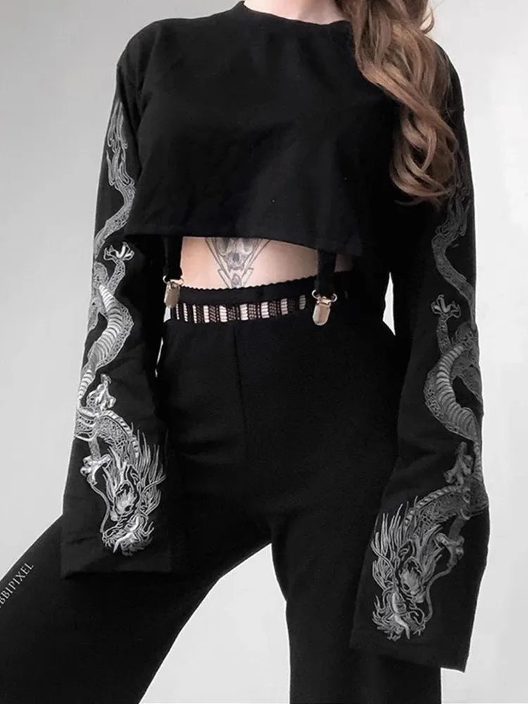 Black Crop Top Hoodie Gothic Punk Grunge Dragon Print