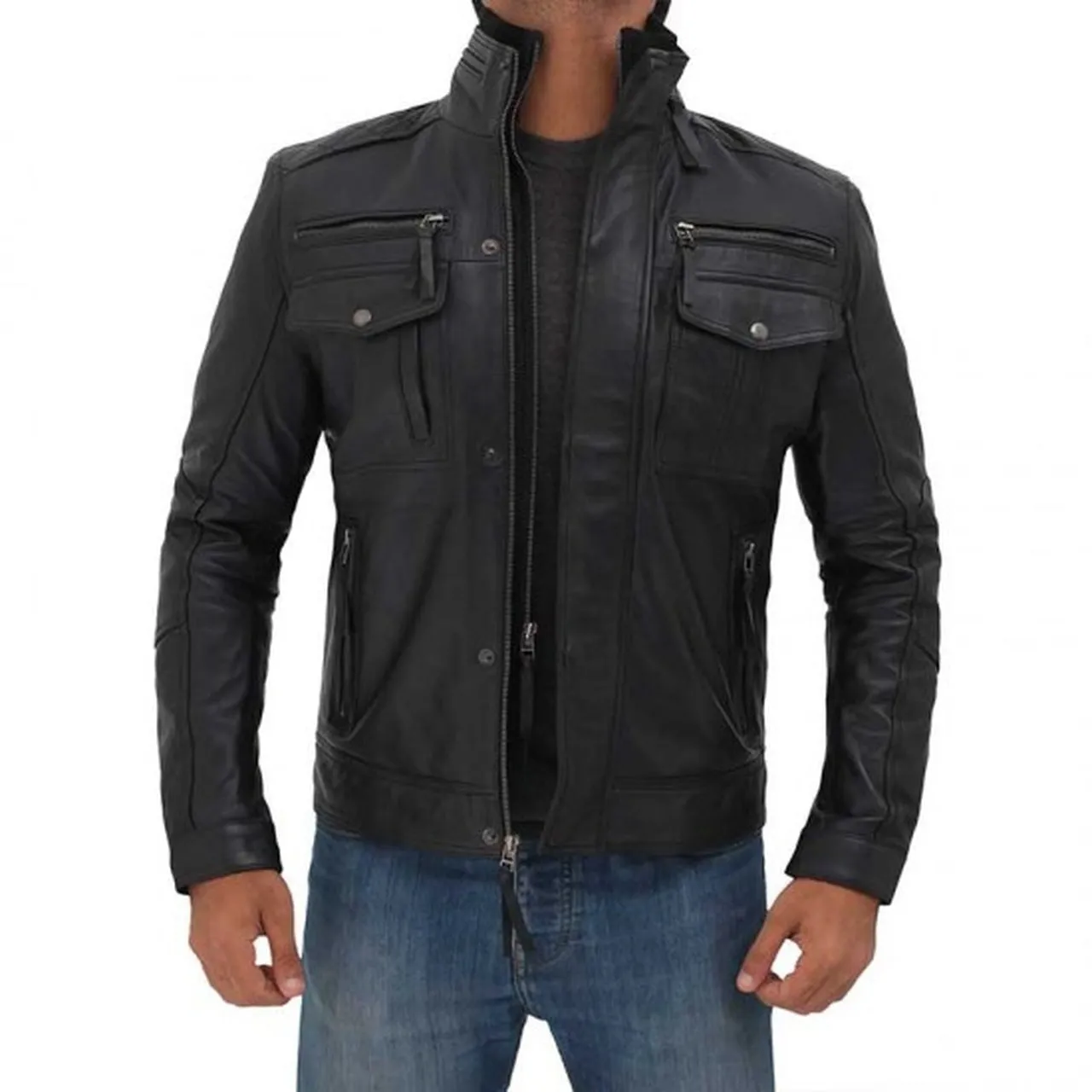 Black Leather Multi Pocket Jacket for Men