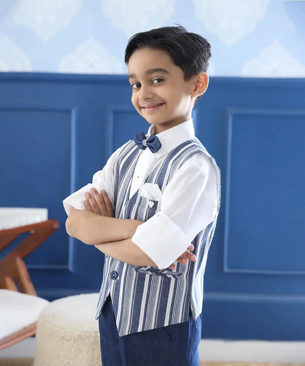 Blue Coloured Self-Striped Waist Coat Set for Boys