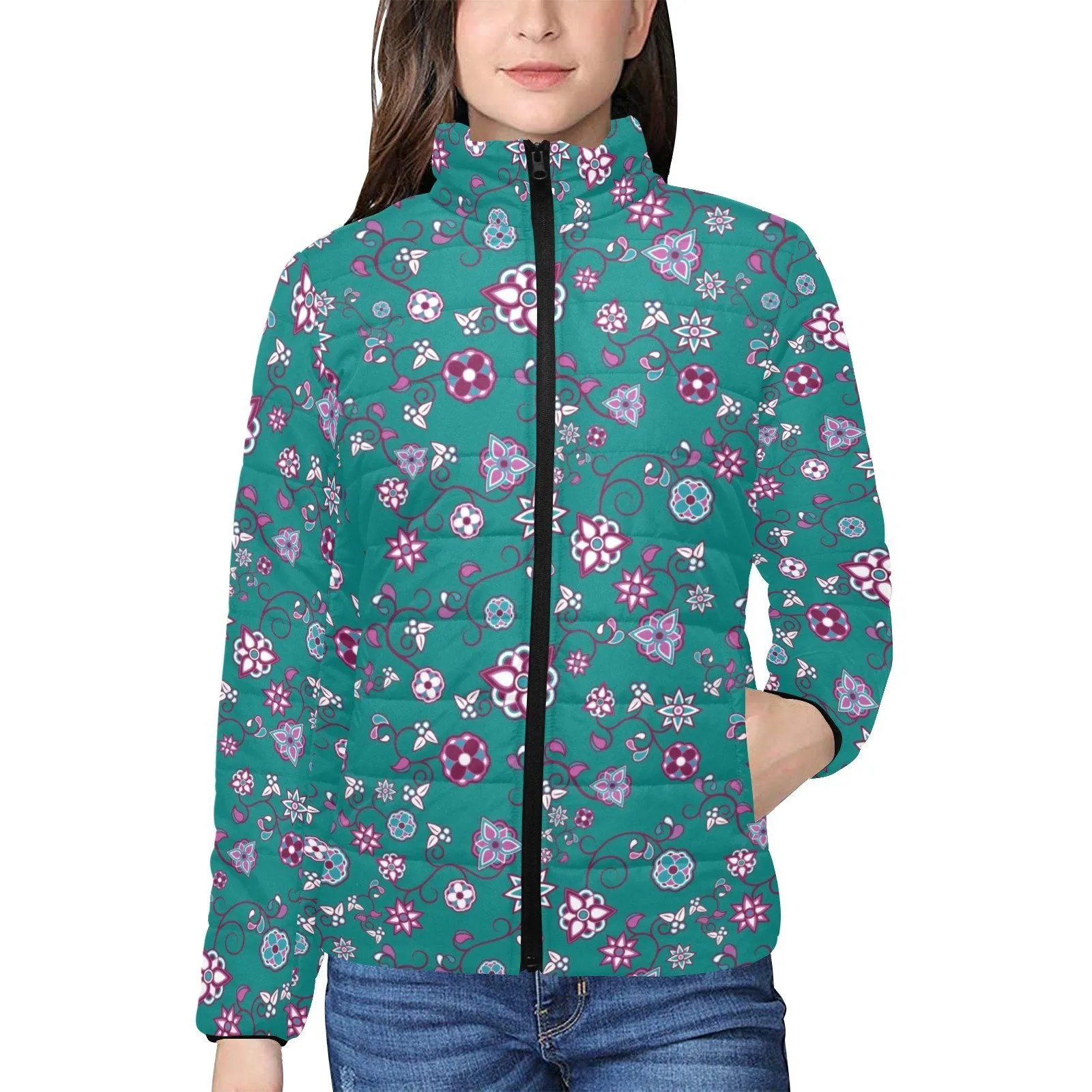 Burgundy Bloom Women's Stand Collar Padded Jacket