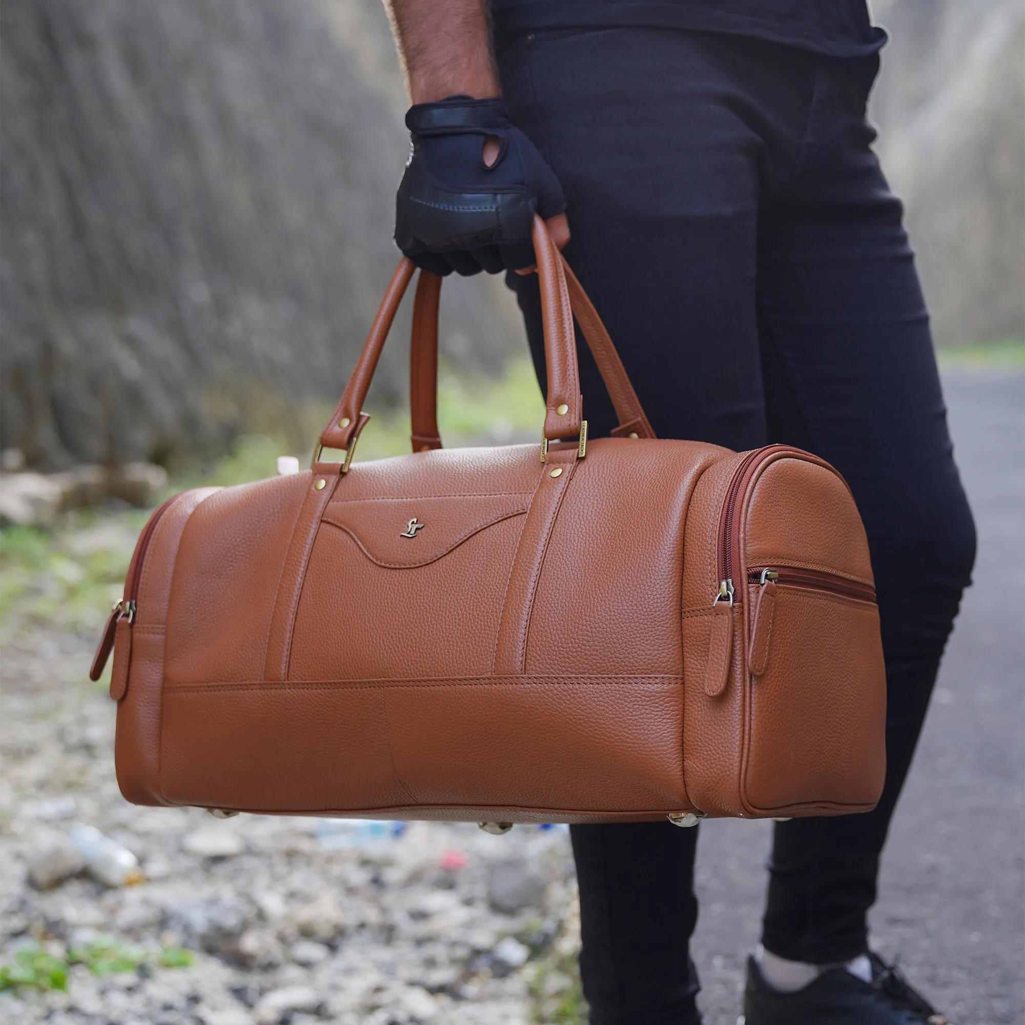 Bush Duffle Bag | Genuine Leather Travel Bag | Duffle Bag for Men | Color: Tan & Blue