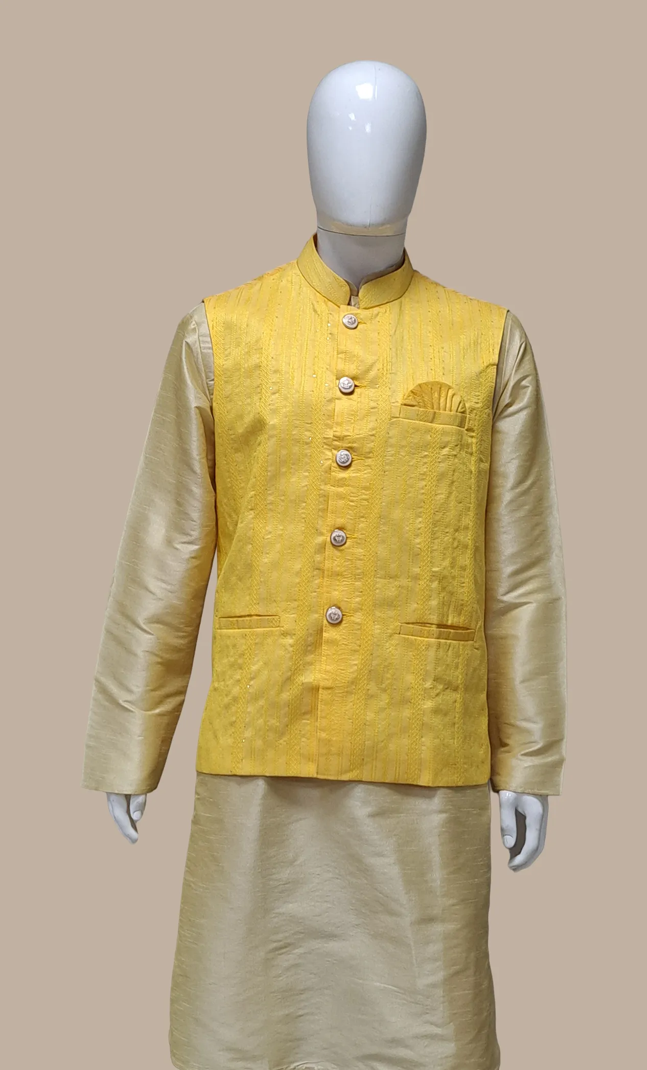 Canary Yellow Embroidered Kurta & Waist Coat