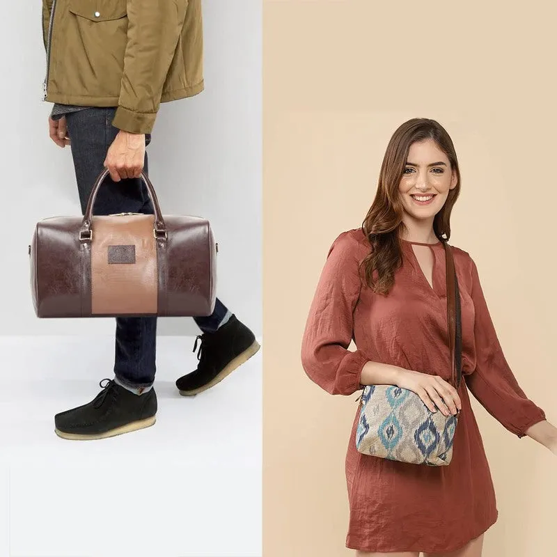 Combo: 18 Inch Vegan Leather Duffle Bag & Handicraft Sling Bag | 20L Capacity | Brown & Pearl with Patola Design