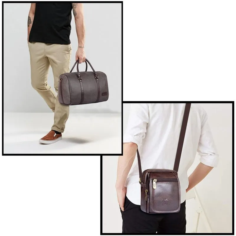 Combo: Lincoln Vegan Leather 29 L Travel Duffel & Bliss Sling Bag | Water Resistant | Grey & Brown