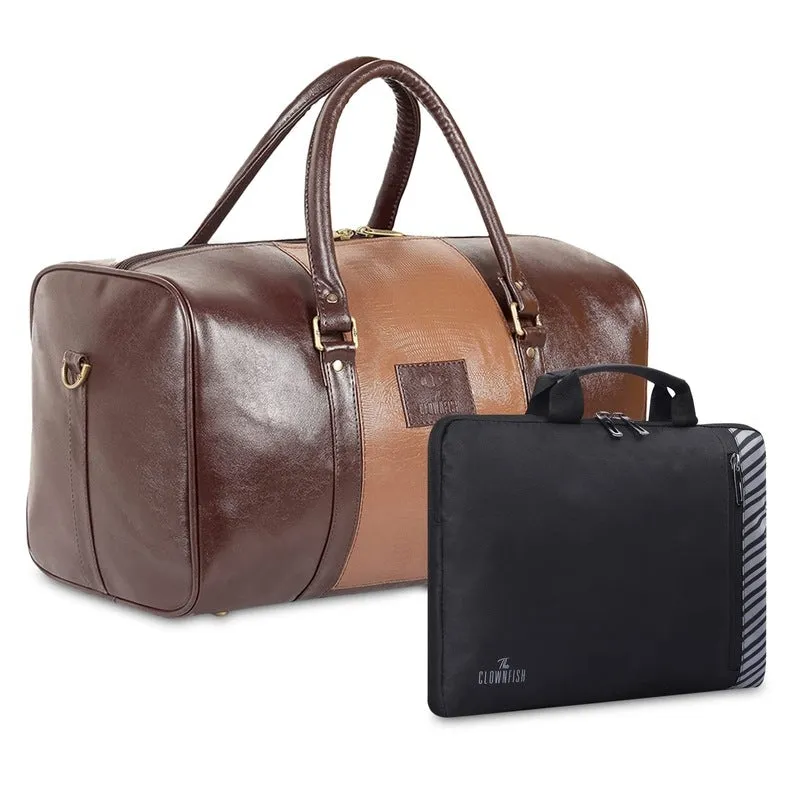 Combo: The Clownfish Ambiance Faux Leather Duffle Bag & Rex Laptop Sleeve | 20L Capacity | Brown