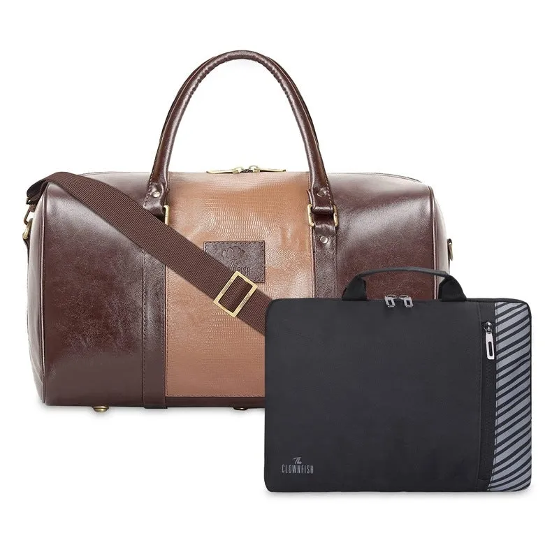 Combo: The Clownfish Ambiance Faux Leather Duffle Bag & Rex Laptop Sleeve | 20L Capacity | Brown