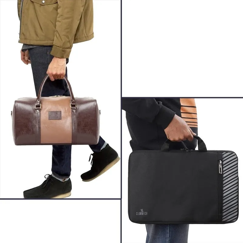 Combo: The Clownfish Ambiance Faux Leather Duffle Bag & Rex Laptop Sleeve | 20L Capacity | Brown