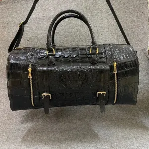 Croco Embossed Leather Black Travel Duffle Bag