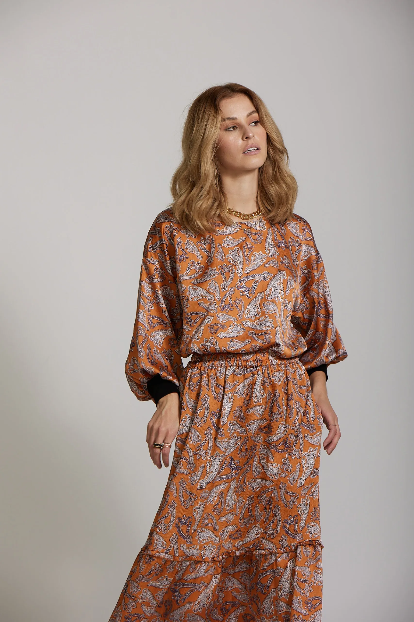 Cuff Sleeve Top - Rust Paisley print