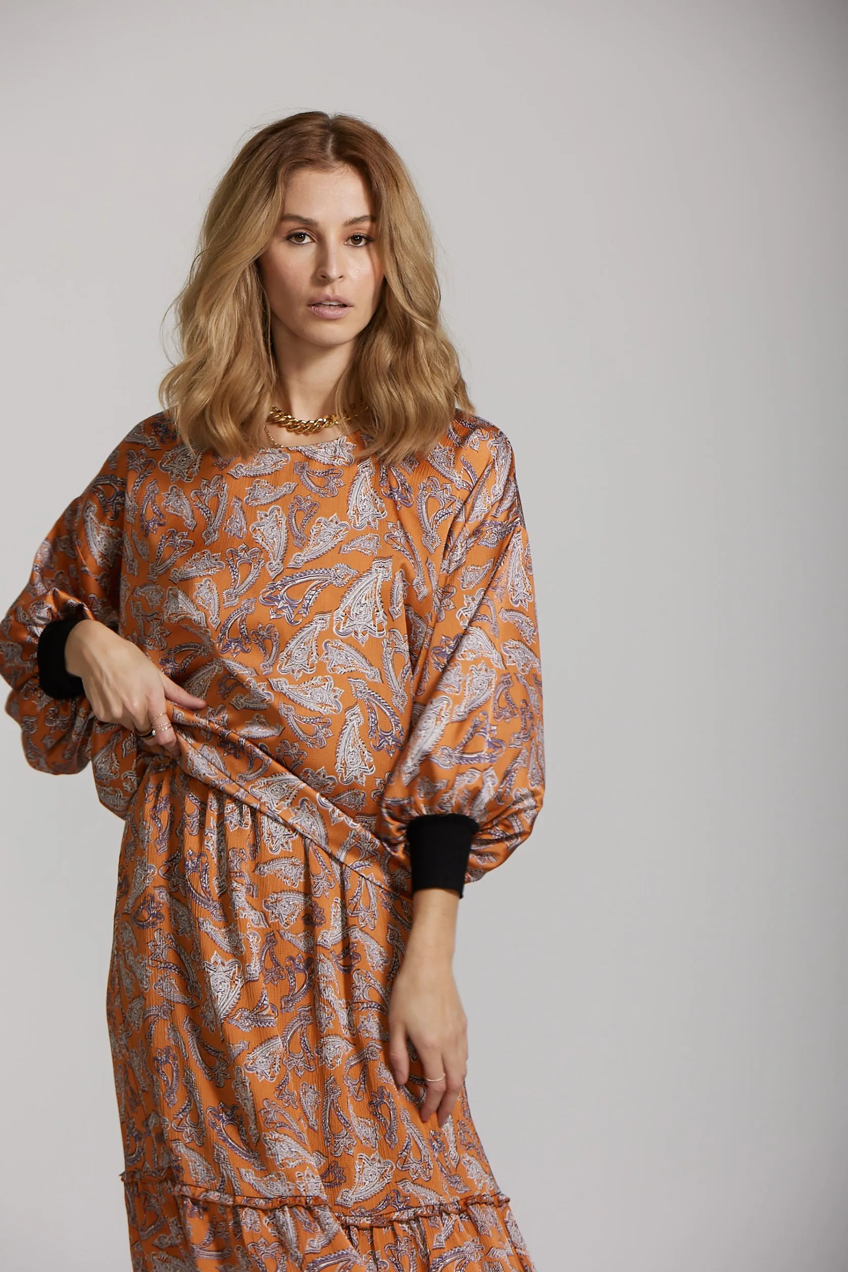 Cuff Sleeve Top - Rust Paisley print