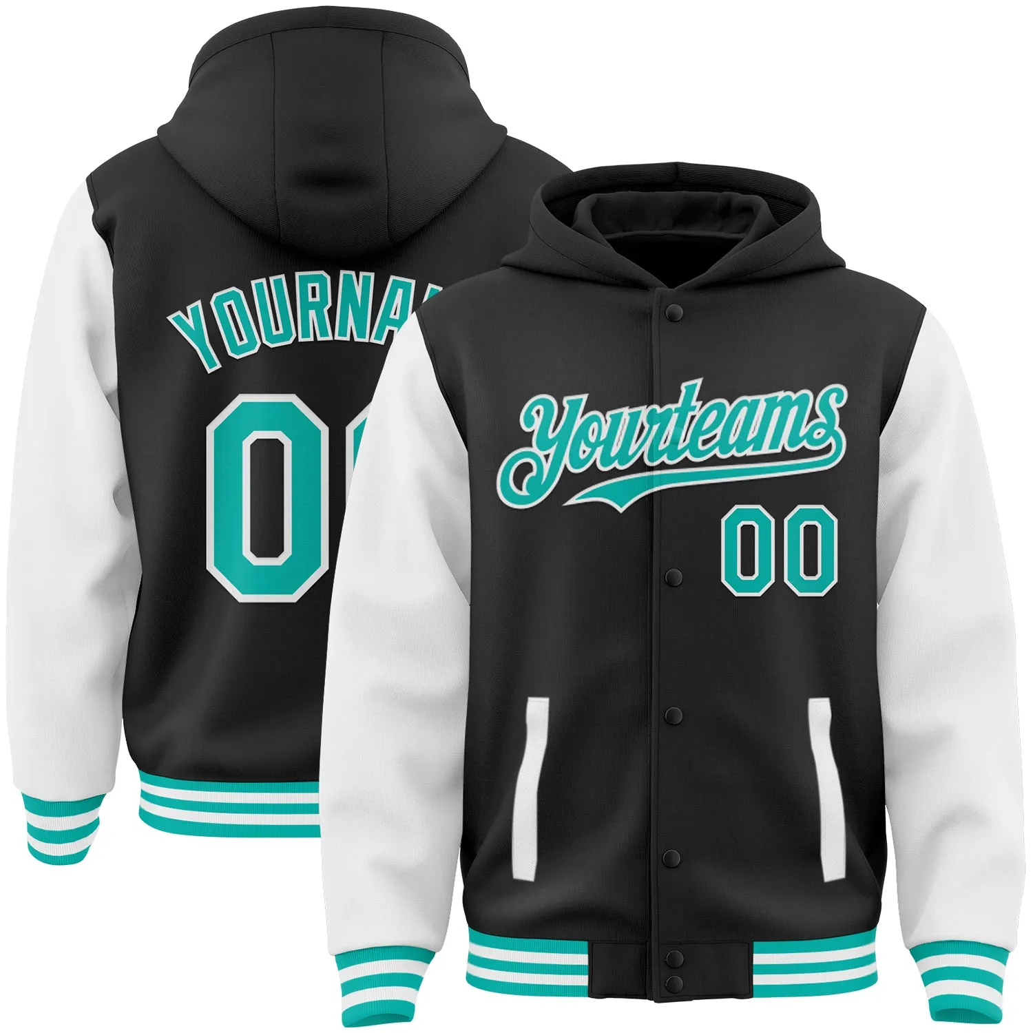 Custom Black Aqua-White Bomber Full-Snap Varsity Letterman Two Tone Hoodie Jacket