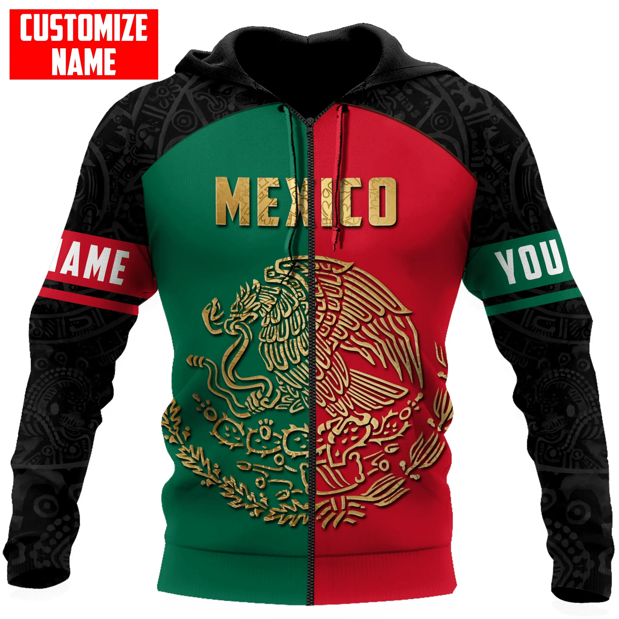 Customized Name And Number Mexico Flag Logo Unisex Sweatshirt Zip Hoodie Christmas Shirt