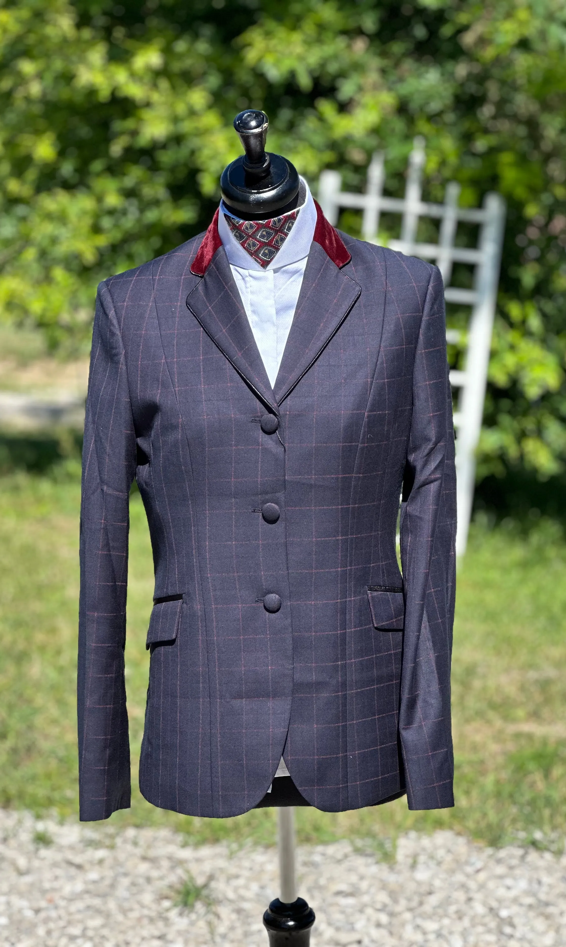 English Show Coat Deep Navy with Burgundy Windowpane Fabric Code SJ-57