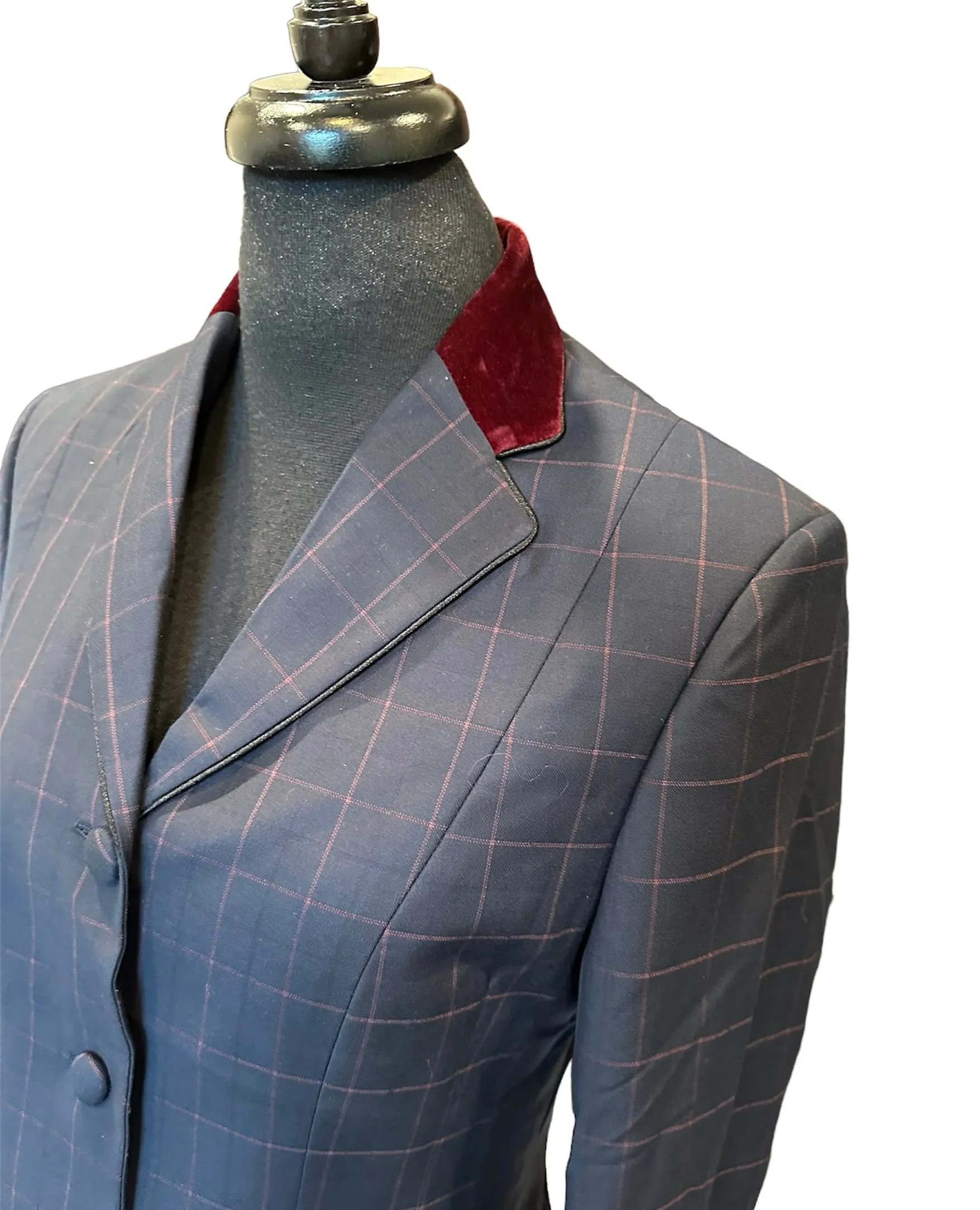 English Show Coat Deep Navy with Burgundy Windowpane Fabric Code SJ-57