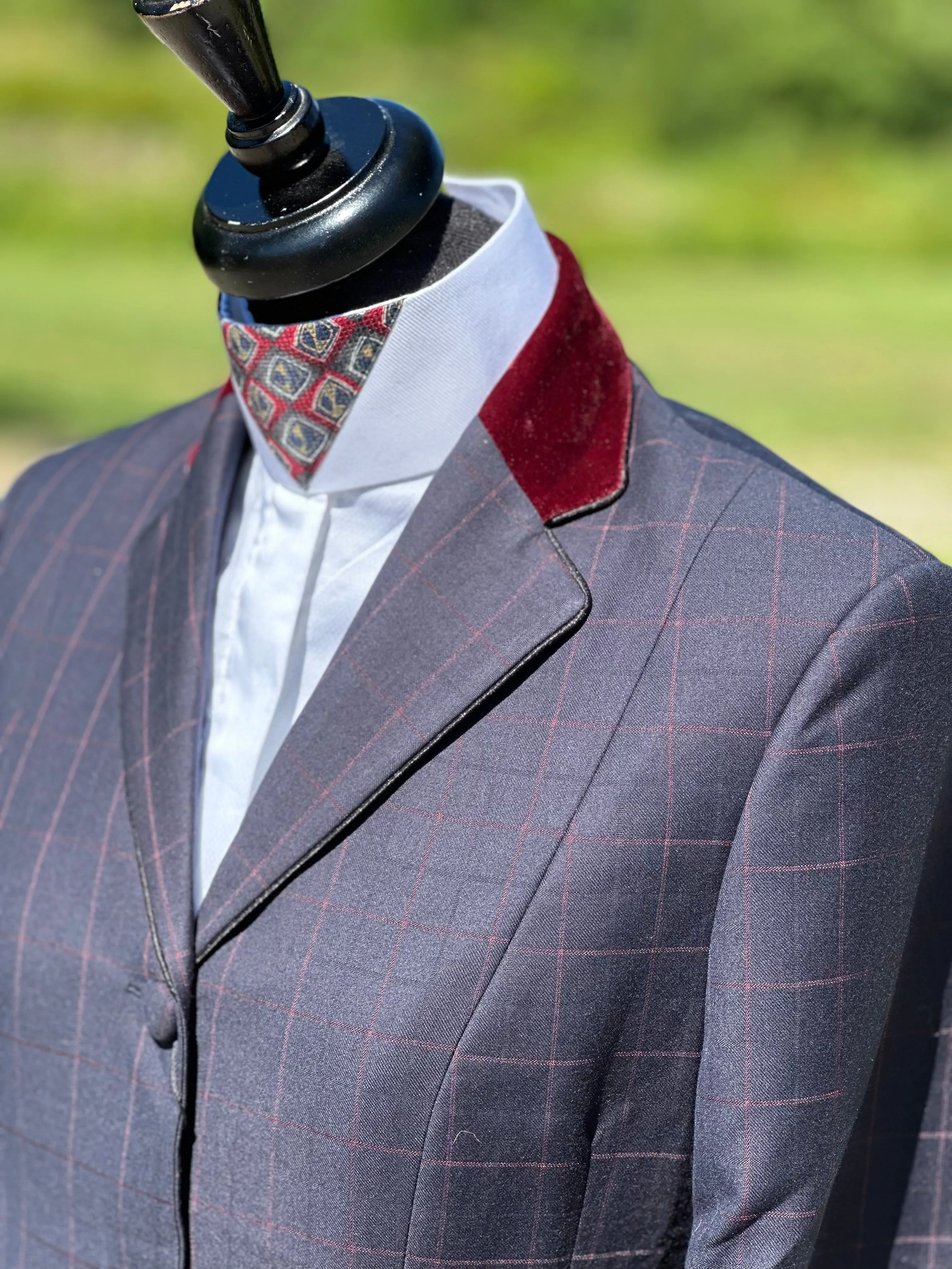 English Show Coat Deep Navy with Burgundy Windowpane Fabric Code SJ-57