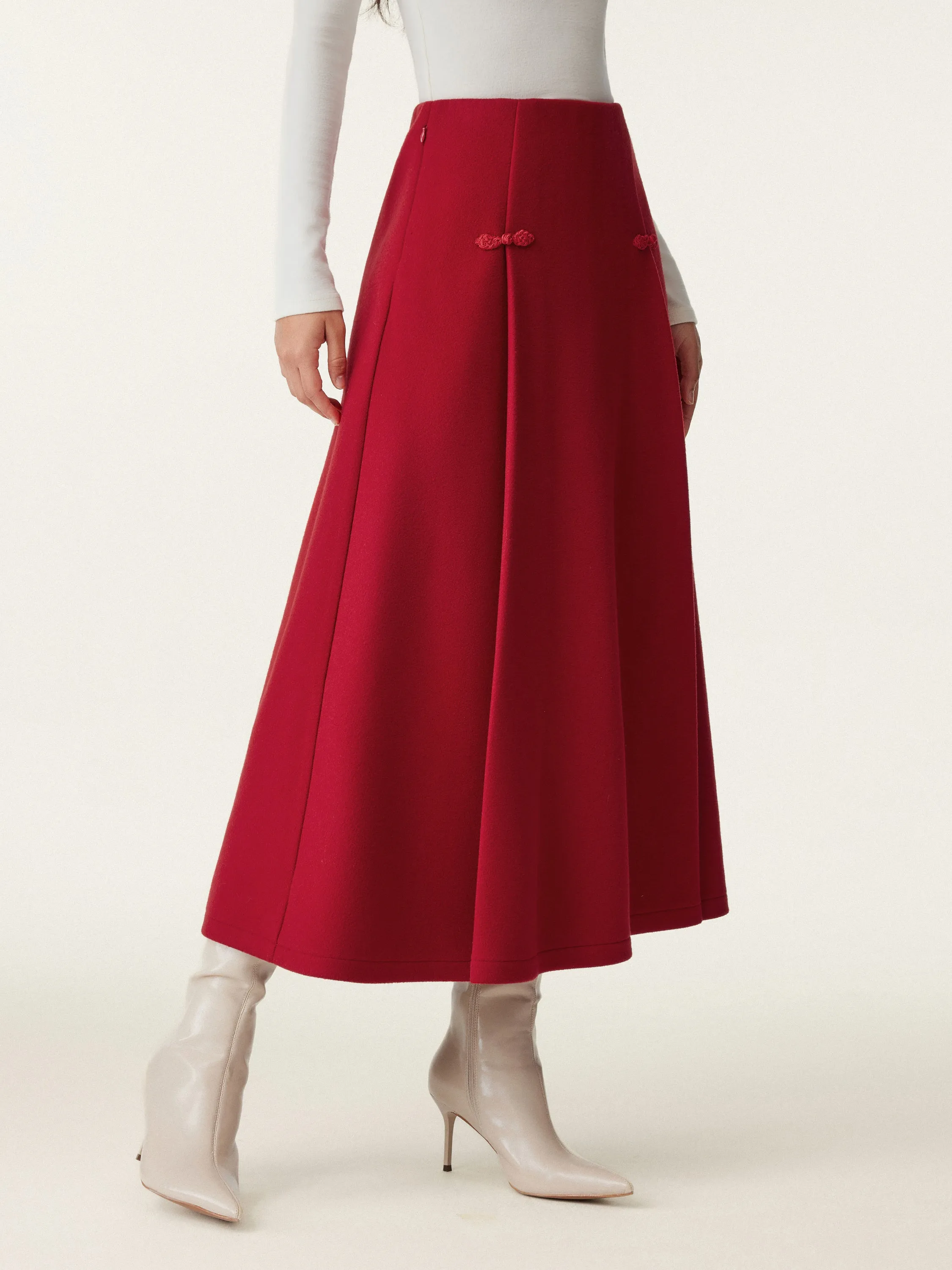 Felt Texture Frog Button A-Line Midi Skirt Limited Edition