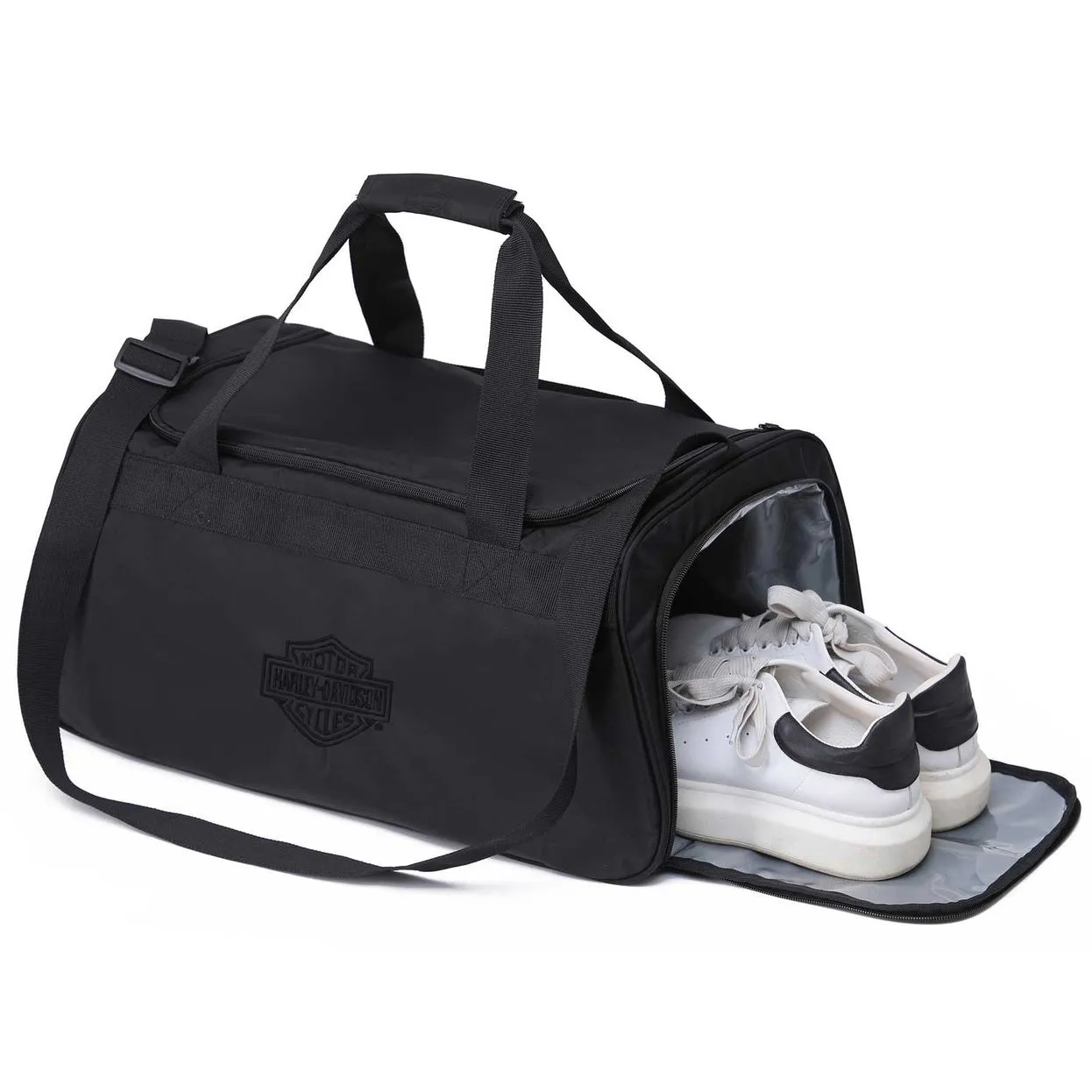 Harley-Davidson Crinkle Bar & Shield Logo Nylon Duffel Bag w/Side Shoe Pocket, Black 90331