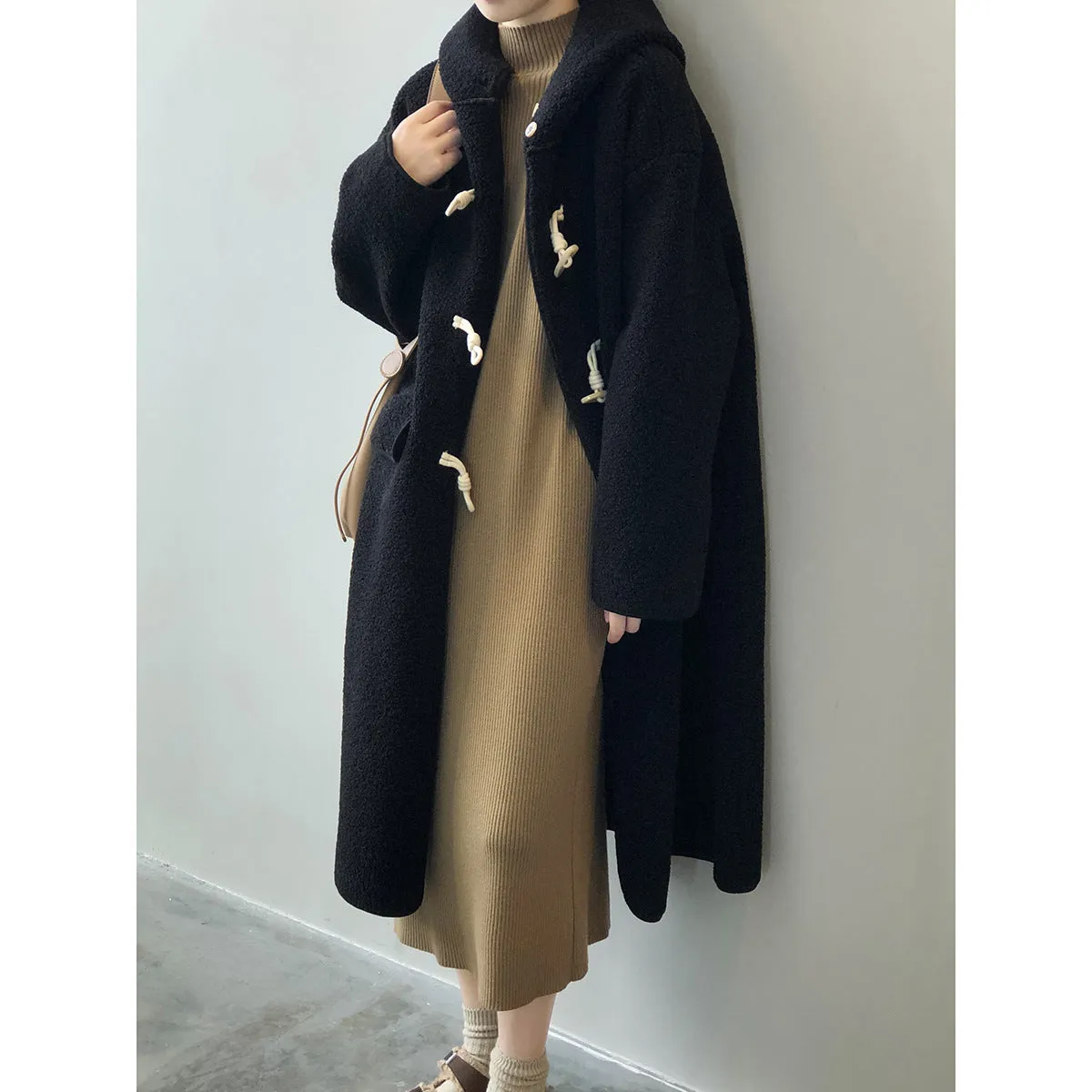 Hooded Faux Sherpa Long Oversized Horn Button Shearling Coat