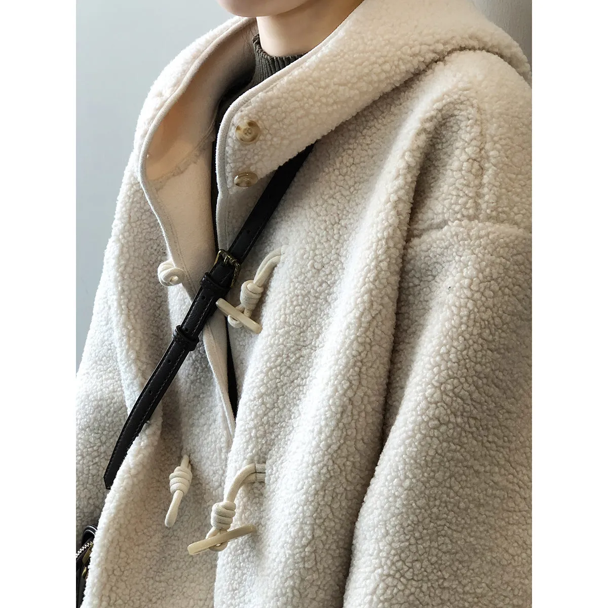 Hooded Faux Sherpa Long Oversized Horn Button Shearling Coat