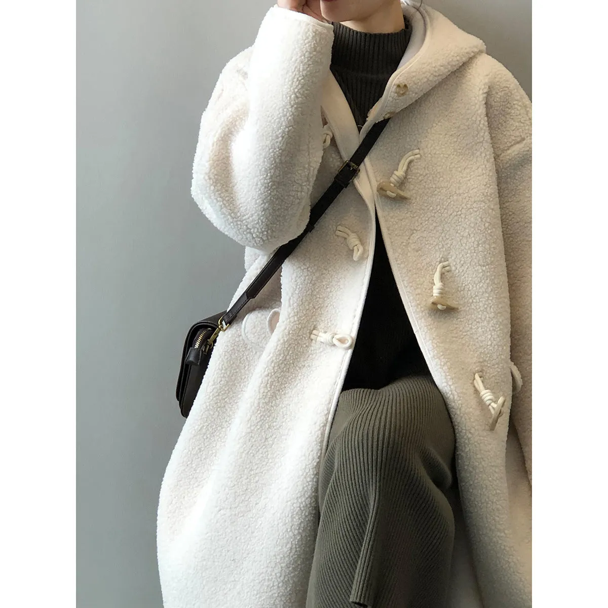 Hooded Faux Sherpa Long Oversized Horn Button Shearling Coat