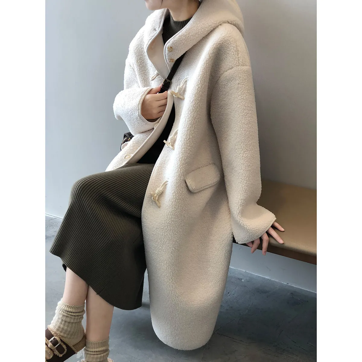 Hooded Faux Sherpa Long Oversized Horn Button Shearling Coat