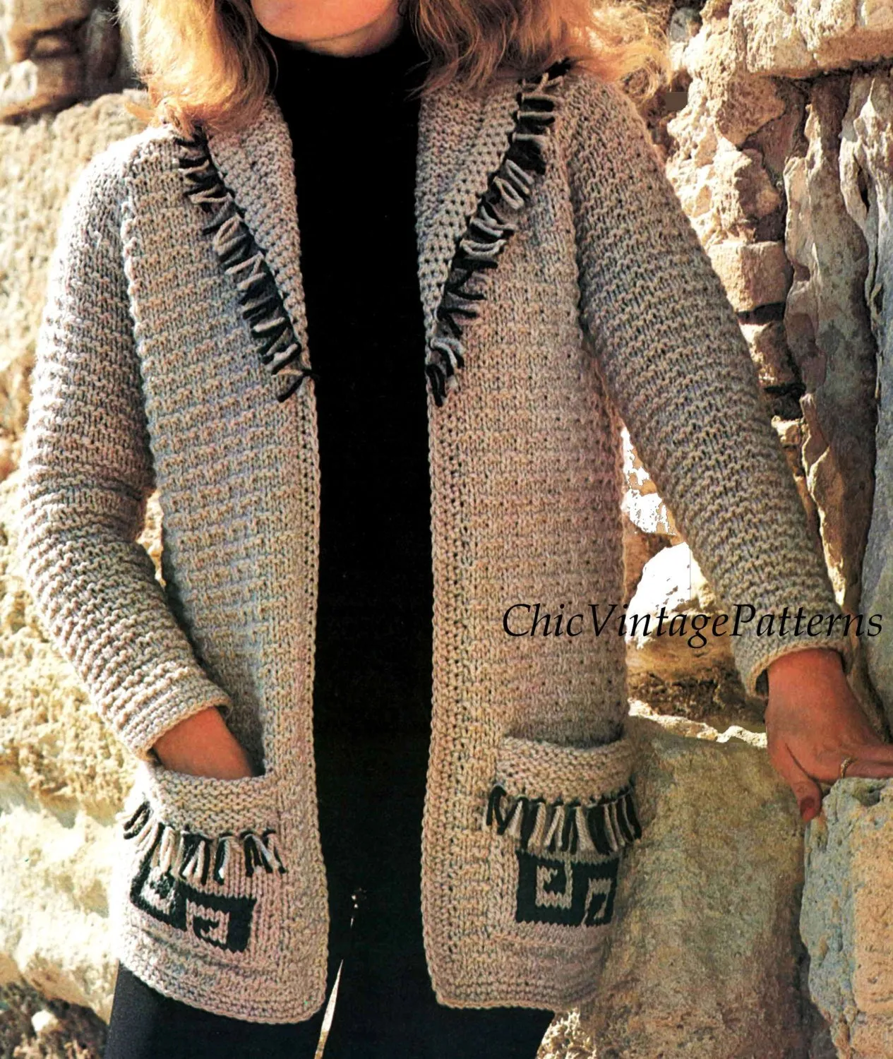 Knitted Ladies Fringed Jacket, Inca Style, Vintage PDF Knitting Pattern