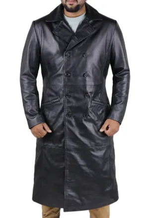 Kyrin Aviator-Inspired Long Leather Overcoat