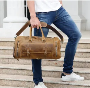 Large Genuine Tan Leather Travel Duffle Bag