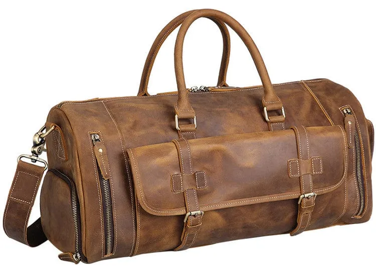 Large Genuine Tan Leather Travel Duffle Bag