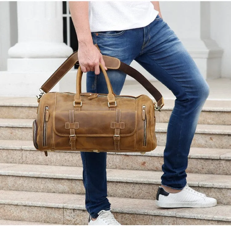 Large Genuine Tan Leather Travel Duffle Bag