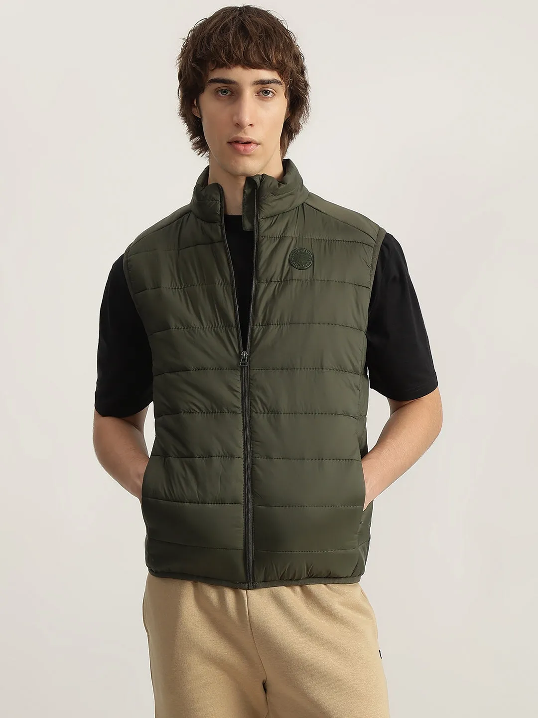 Lindbergh Men Green Solid Stand Collar Sleeveless Puffer Jacket