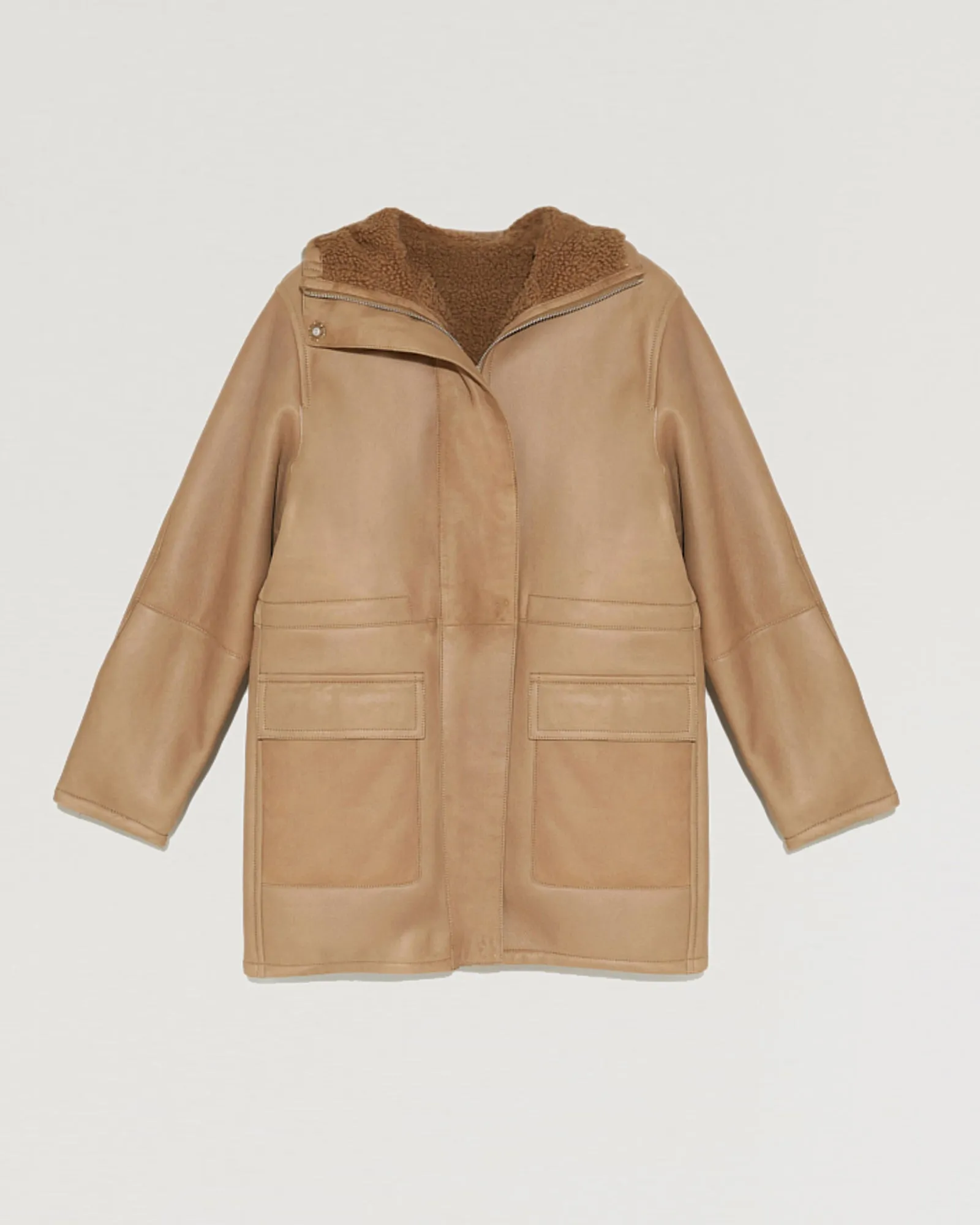 Lined suede leather coat with hood